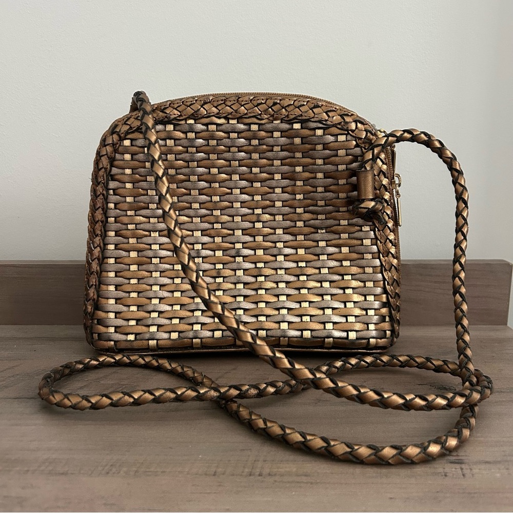 Vintage CEM Woven Leather Bronze, Metallic Gold, Silver Braided Strap Crossbody